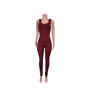 Asa women's crew neck sleeveless ribbed button-up burgundy  jumpsuit knit bodyco